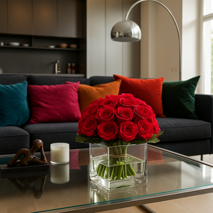 Composizione con Rose Stabilizzate in Vaso di Vetro con Resina Effetto Acqua. Spedizione Gratuita
