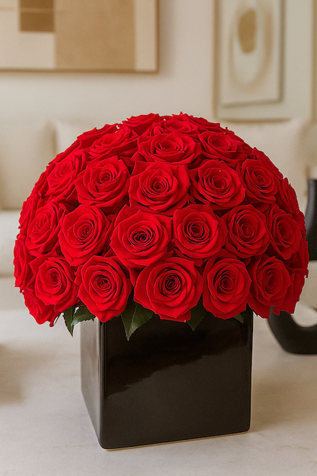 Composizione Rose Stabilizzate Rosse in Vaso Nero Lucido – Design Luxury Spedizione Gratuita.