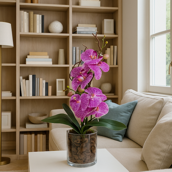 Orchidea Phalaenopsis Fucsia Real Touch in Vaso di Vetro. Spedizione Gratuita