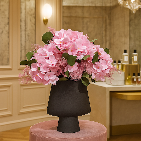 Composizione Floreale Rosa con Ortensie Artificiali e Populus e Nebbiolina Stabilizzati in Vaso Nero Design. Spedizione Gratuita