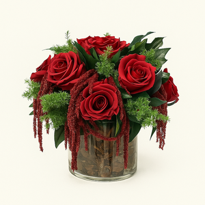 Composizione Floreale con Rose Stabilizzate Rosso Intenso in Vaso di Vetro. Spedizione Gratuita