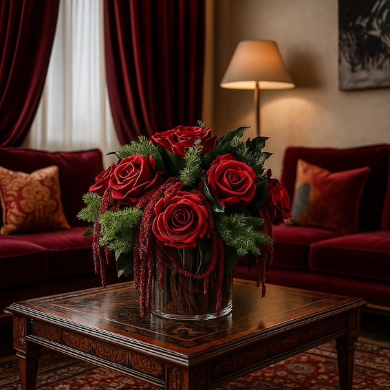 Composizione Floreale con Rose Stabilizzate Rosso Intenso in Vaso di Vetro. Spedizione Gratuita