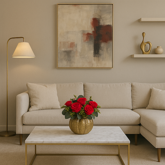 Composizione di Rose Rosse Stabilizzate con Fogliame in Vaso Oro. Spedizione Gratuita