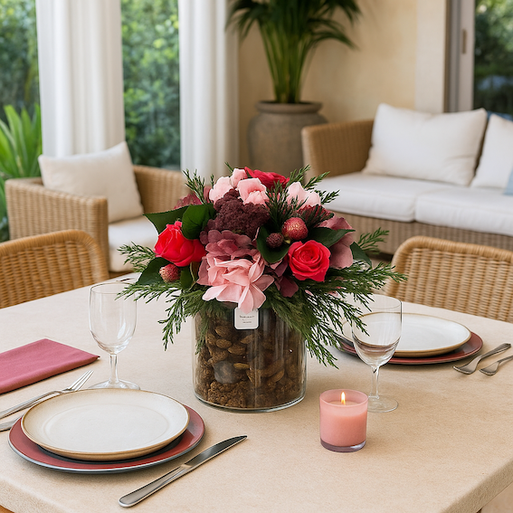 Composizione Floreale Stabilizzata con Ortensie, Rose e Verdi in Vaso di Vetro. Spedizione Gratuita.