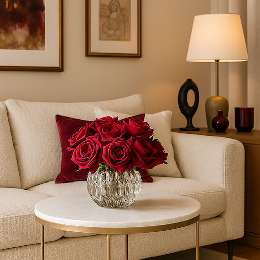 Bouquet di Rose Artificiali Rosse Profumate in Vaso con Effetto Acqua. Spedizione Gratuita