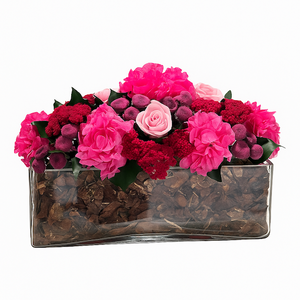 Composizione Stabilizzata Rosa & Fucsia in Vaso Rettangolare in Vetro. Spedizione Gratuita.